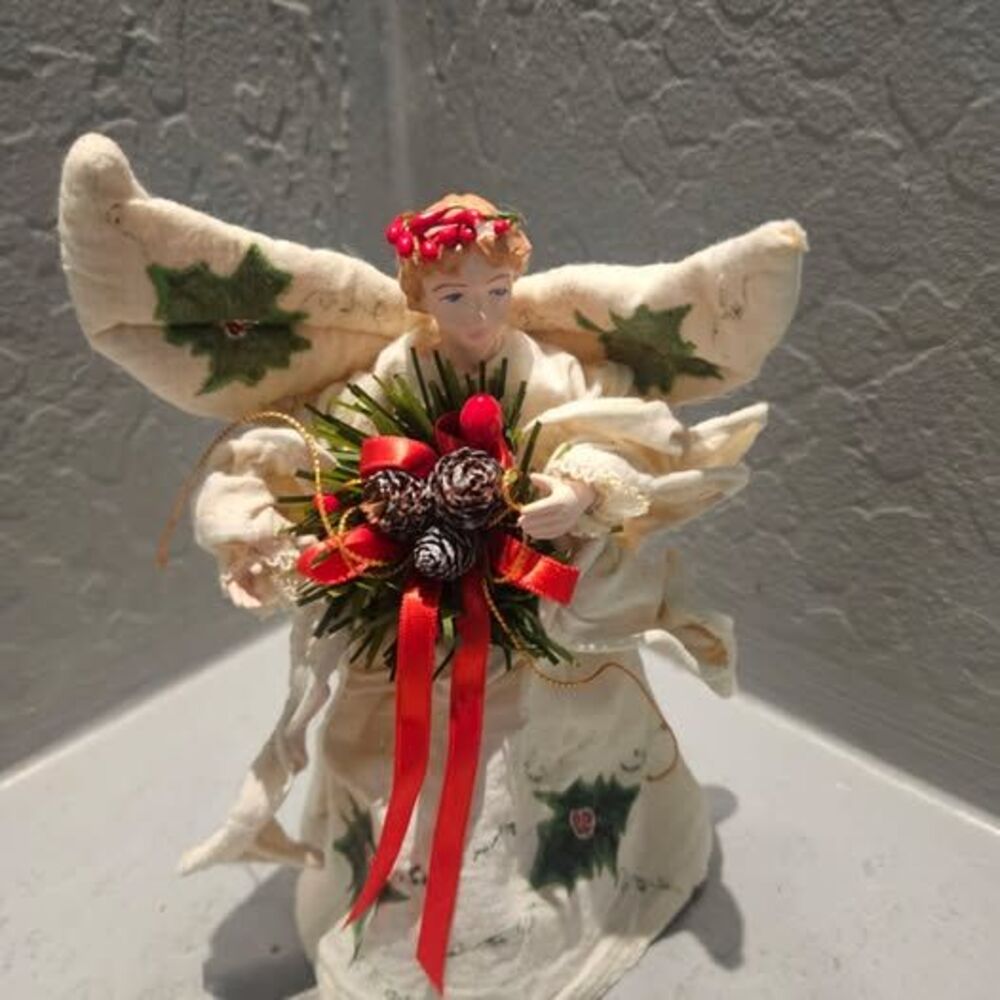 Christmas Angel Tree Topper 7.5" Muslin Gown Holly Print Porcelain Face